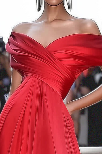 Rouge Épaule Dénudée Robe de Gala A Ligne Ruchée